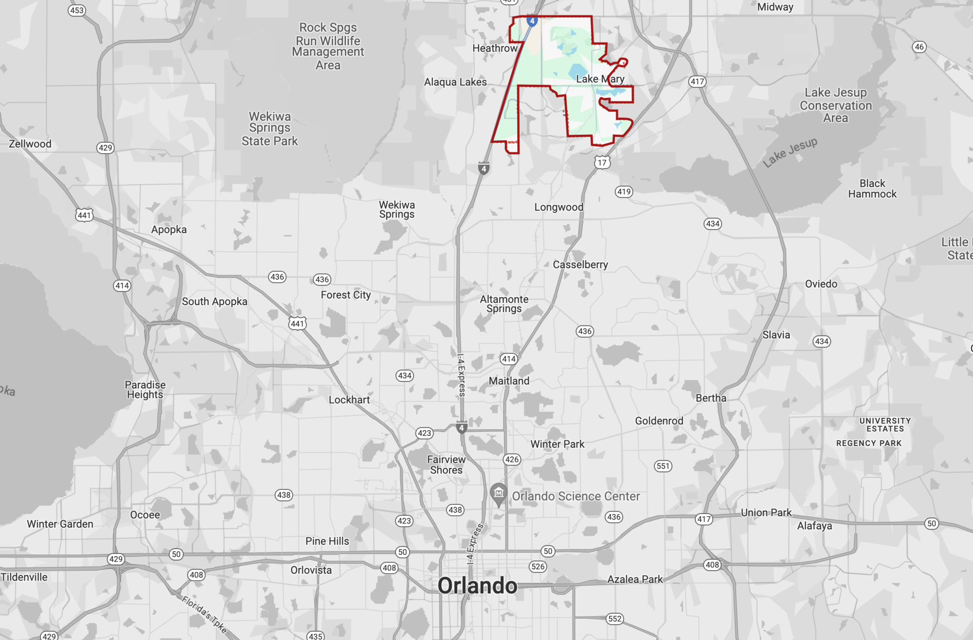 google map with lake mary highlighted